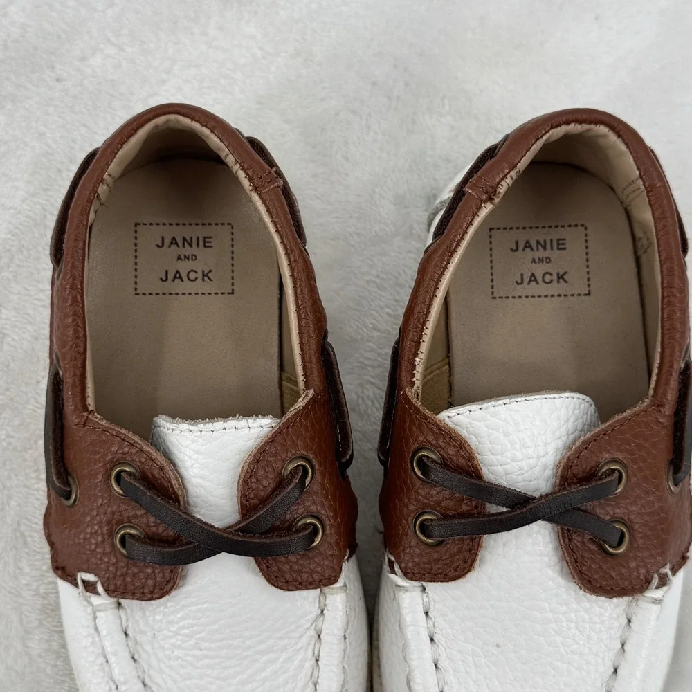 Janie and Jack Boat Shoes Toddler Size 8 White & Brown Leather Nautical Loafers